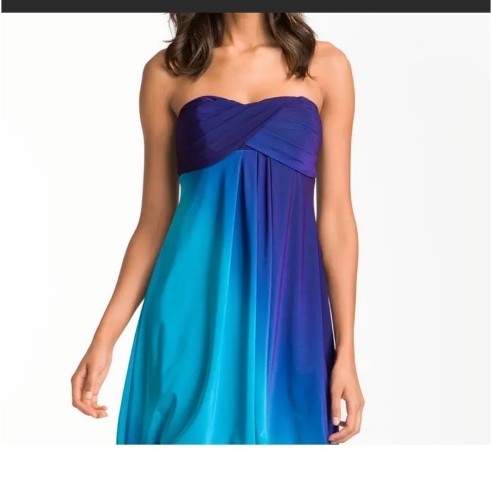 Xscape Purple and Blue Ombré Strapless Cocktail Dress